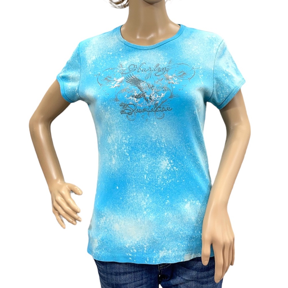 HARLEY-DAVIDSON Women’s Upcycled Tie Dye Blue Short Sleeve Tee Shirt Size Small